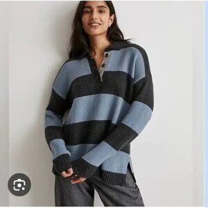 Madewell Jill Stripe Rugby Polo Top XXS Wool-Blend Gray Blue